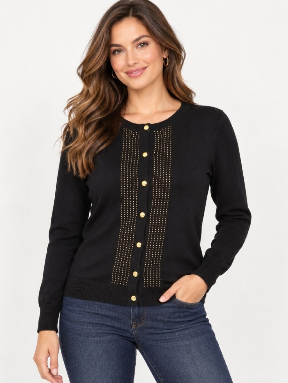 New York & Company Black Gold Studded Cardigan Sweater Size L Soft Knit